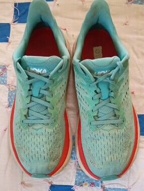 Hoka One One Clifton 8 Women's Teal Athletic Running Shoes with Red Accent